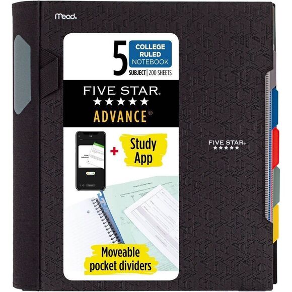Five Star 200 Sheets College Ruled Spiral Notebook Black Pocket Divider NWT - Picture 1 of 4